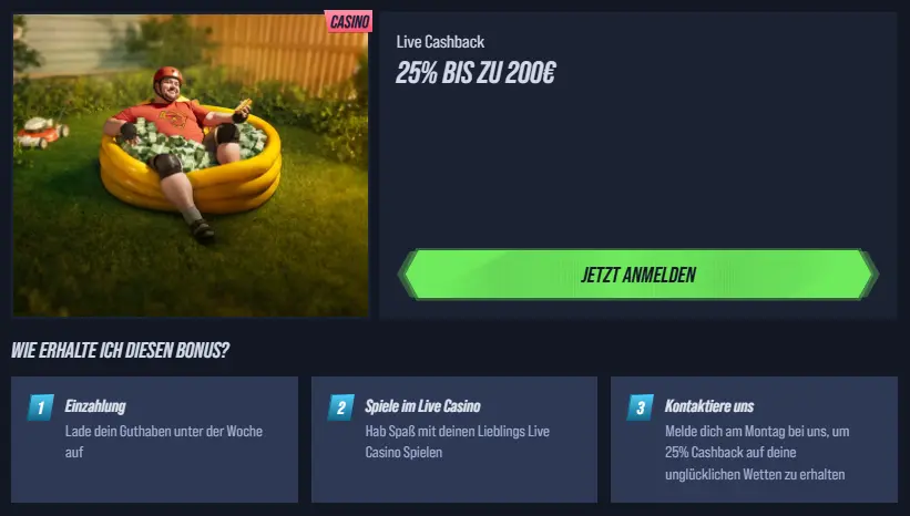 La bannière de l’offre hebdomadaire de cashback de 25 % au casino en direct.