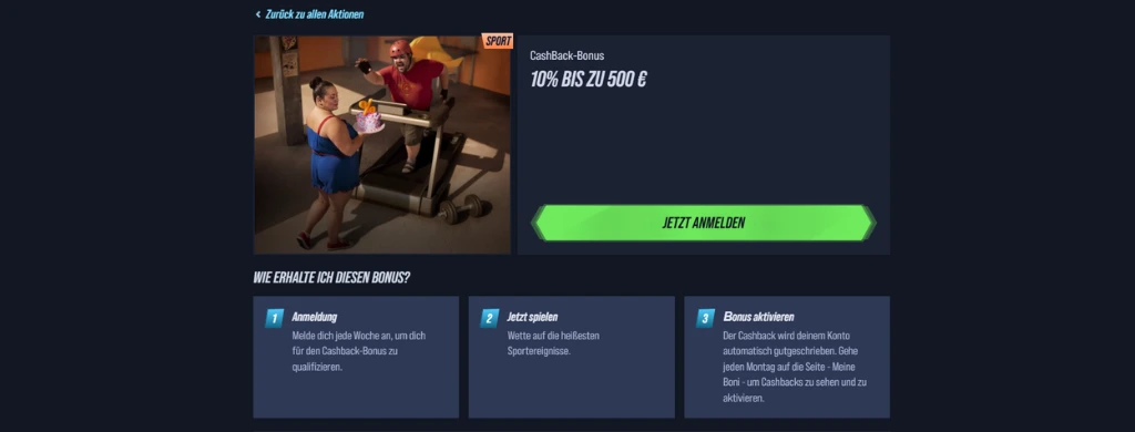 Cashback Bonus bis zu 500 € wöchentlich.