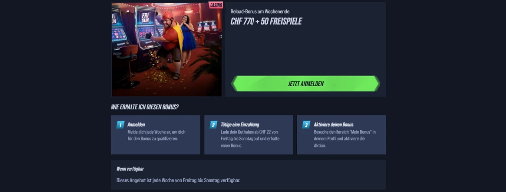 Anmeldeformular für Reload-Bonus und Freispiele.