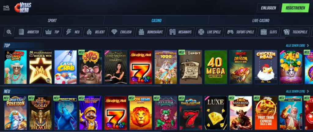Casino-Spiele Auswahl bei VegasHero