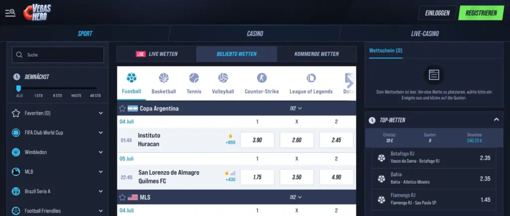 Sportwetten Optionen bei VegasHero