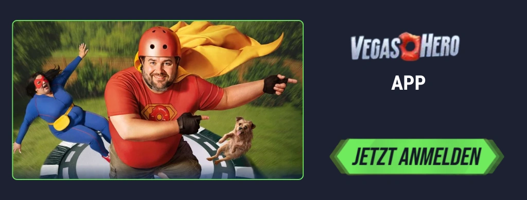 VegasHero App-Werbung mit Superhelden-Thema.