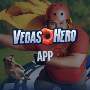 VegasHero App-Logo mit Superhelden in Aktion.