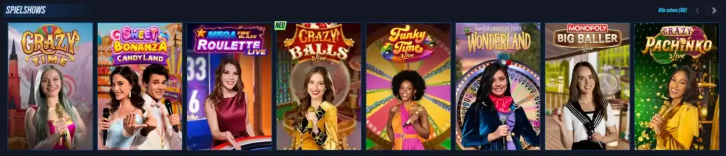 Die beliebtesten Live-Spielshows bei VegasHero Casino sind aufgelistet.