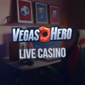 VegasHero-Logo mit Live Casino Schriftzug, Spieltisch und Pokal-Grafik an der Wand.