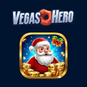 Das Vegas Hero Casino-Logo erscheint über einem weihnachtlichen Spielautomaten-Symbol mit einem freundlichen Weihnachtsmann, umgeben von Goldmünzen und Weihnachtsdeko.