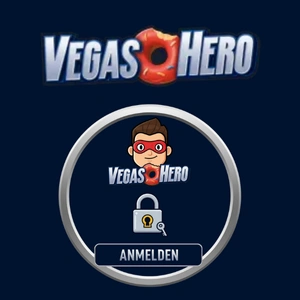 VegasHero-Logo und ein Cartoon-Charakter als Superheld neben einem Schlosssymbol mit dem Text 'Anmelden'.