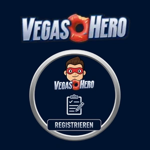 VegasHero-Logo und ein Cartoon-Charakter als Superheld neben einem Registrierungsformular mit dem Text 'Registrieren'.